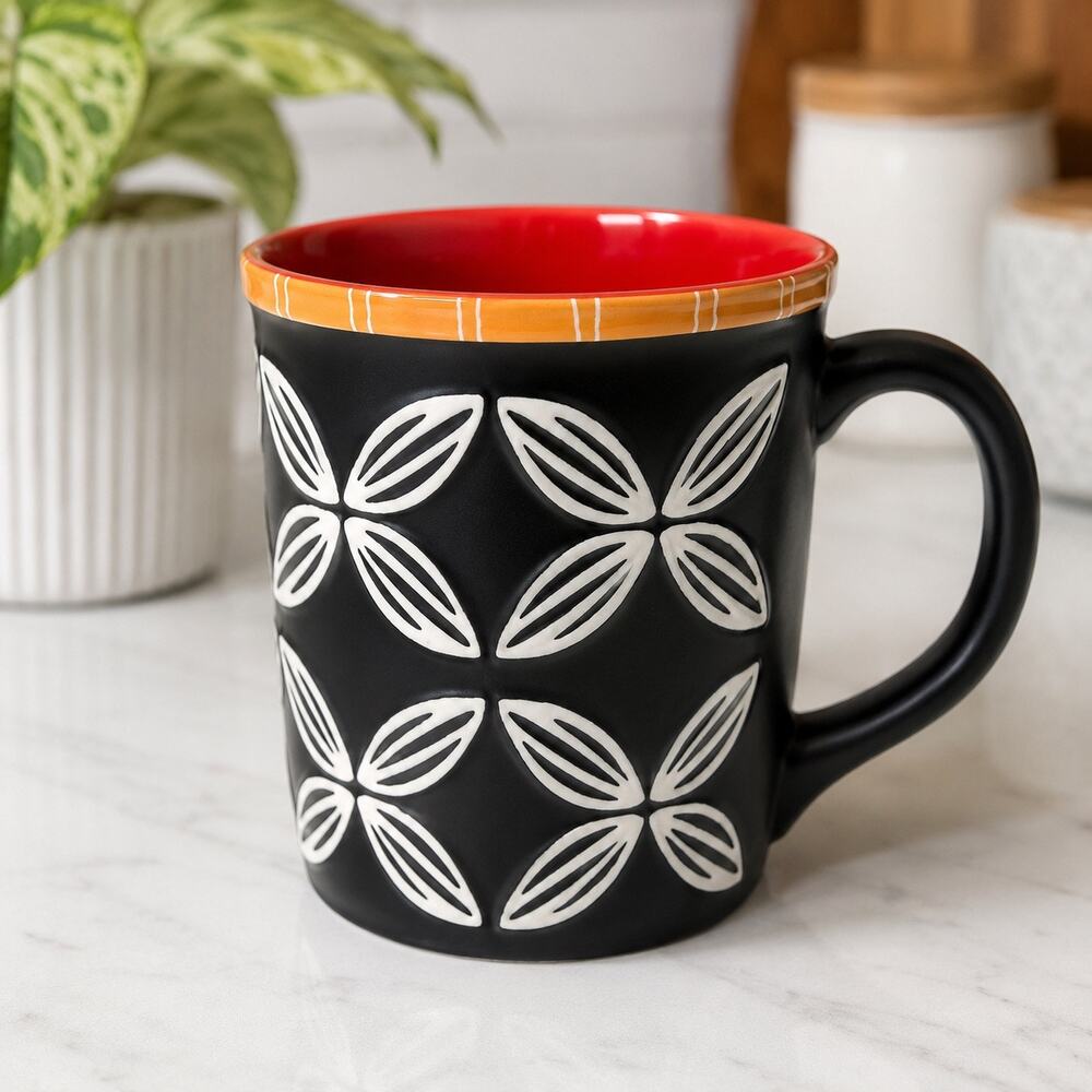 Starbucks 2008 Coffee Mug 20 oz Black White Leaf Red Interior New Bone China